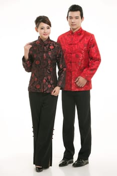 Wearing Chinese clothing waiter in front of a white background
