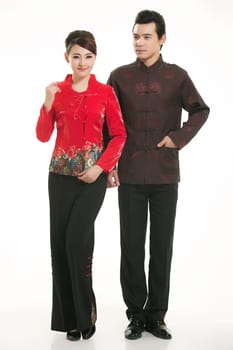 Wearing Chinese clothing waiter in front of a white background