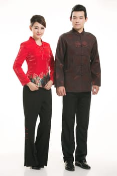 Wearing Chinese clothing waiter in front of a white background