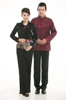 Wearing Chinese clothing waiter in front of a white background