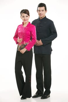 Wearing Chinese clothing waiter in front of a white background