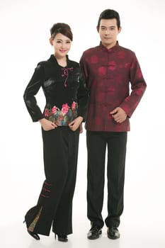 Wearing Chinese clothing waiter in front of a white background