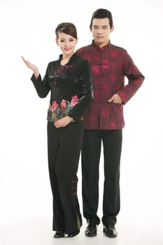 Wearing Chinese clothing waiter in front of a white background