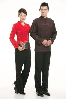 Wearing Chinese clothing waiter in front of a white background