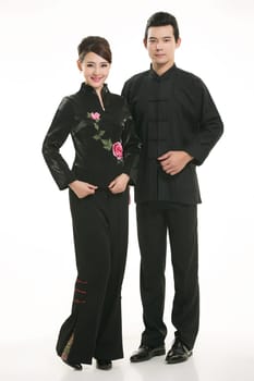 Wearing Chinese clothing waiter in front of a white background