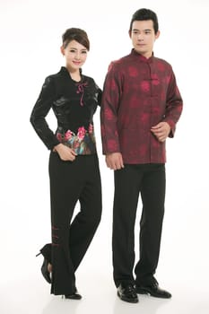 Wearing Chinese clothing waiter in front of a white background