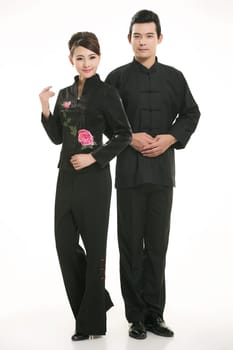 Wearing Chinese clothing waiter in front of a white background