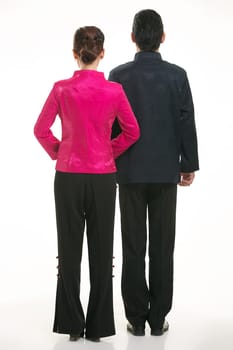 Wearing Chinese clothing waiter in front of a white background