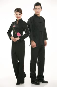 Wearing Chinese clothing waiter in front of a white background