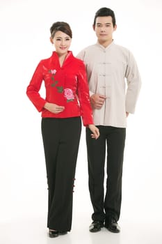 Wearing Chinese clothing waiter in front of a white background