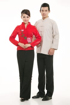 Wearing Chinese clothing waiter in front of a white background