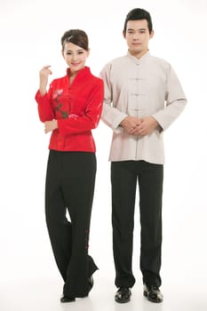 Wearing Chinese clothing waiter in front of a white background