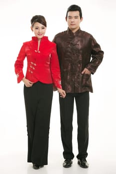 Wearing Chinese clothing waiter in front of a white background