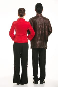 Wearing Chinese clothing waiter in front of a white background