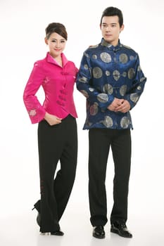 Wearing Chinese clothing waiter in front of a white background