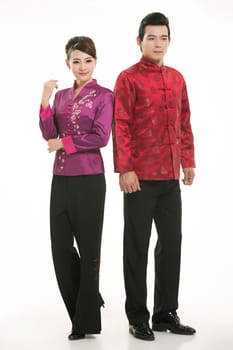 Wearing Chinese clothing waiter in front of a white background