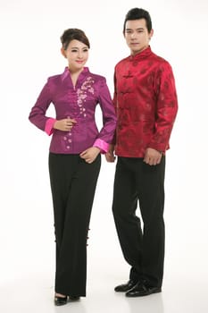 Wearing Chinese clothing waiter in front of a white background