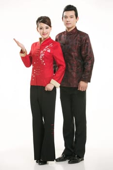 Wearing Chinese clothing waiter in front of a white background