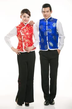 Wearing Chinese clothing waiter in front of a white background