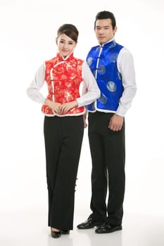 Wearing Chinese clothing waiter in front of a white background