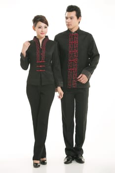 Wearing Chinese clothing waiter in front of a white background