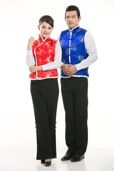 Wearing Chinese clothing waiter in front of a white background