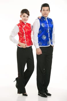 Wearing Chinese clothing waiter in front of a white background