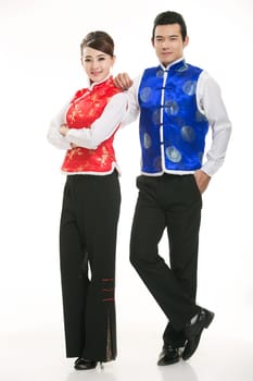 Wearing Chinese clothing waiter in front of a white background