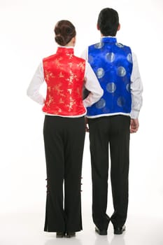 Wearing Chinese clothing waiter in front of a white background