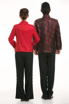 Wearing Chinese clothing waiter in front of a white background
