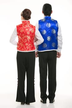 Wearing Chinese clothing waiter in front of a white background