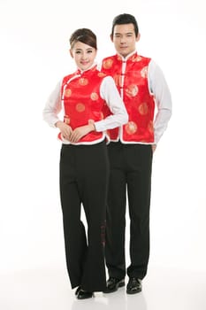Wearing Chinese clothing waiter in front of a white background