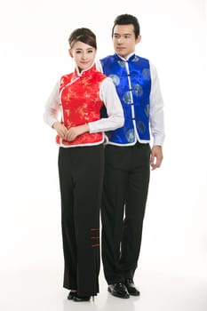 Wearing Chinese clothing waiter in front of a white background