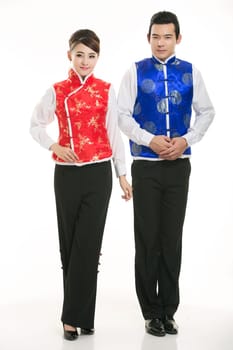 Wearing Chinese clothing waiter in front of a white background