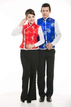 Wearing Chinese clothing waiter in front of a white background