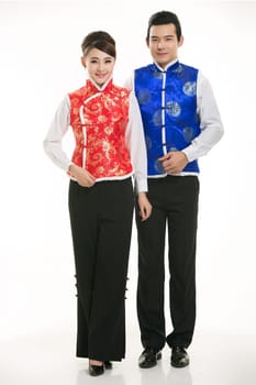 Wearing Chinese clothing waiter in front of a white background