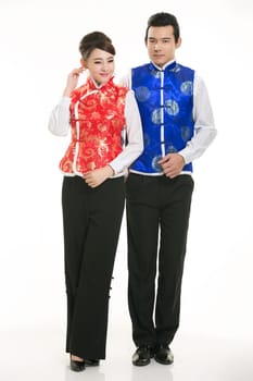 Wearing Chinese clothing waiter in front of a white background