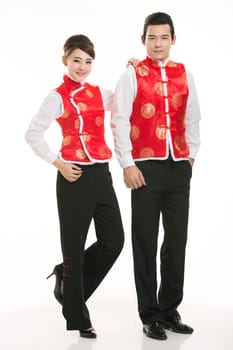 Wearing Chinese clothing waiter in front of a white background