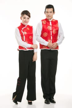 Wearing Chinese clothing waiter in front of a white background