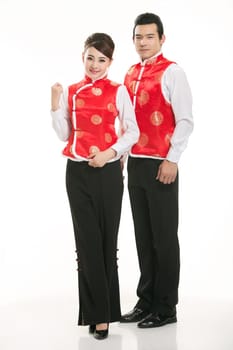 Wearing Chinese clothing waiter in front of a white background