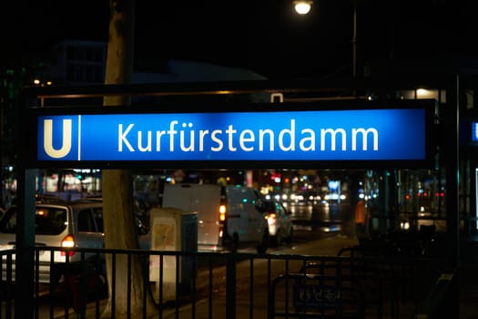 Entrance to Kurfürstendamm subway in Berlin in the evening
