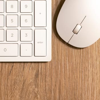 Keyboard from a computer and a computer mouse on a desk in the office