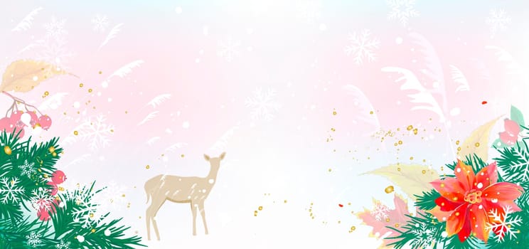 Winter background with fir branches, flower, snowflakes and deer. Greeting card.