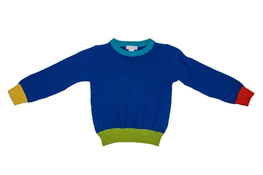 Top view of clothes for child boy isolated on a white background. A beautiful blue little child sweater or knitted cardigan. Autumn and winter fashion for kids.