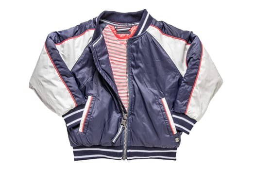 Childrens jacket for spring and autumn. Stylish blue white warm down jacket for kids isolated on a white background. Clipping path. Trendy fashion for child.