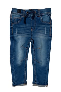 Blue jeans isolated. Closeup of a trendy stylish dark blue denim pants or trousers for boys isolated on a white background. Kids summer and autumn fashion. Front view.