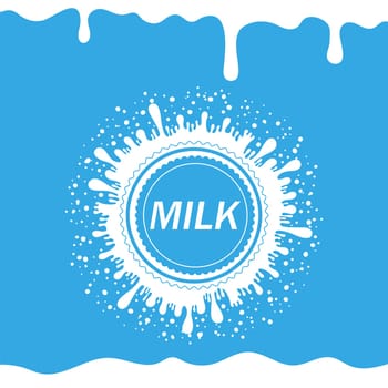 Pouring Milk Splash on Blue Background. White Creamy Liquid Drops. Fresh Farm Milky Flow Drink. Minimalist Poster.