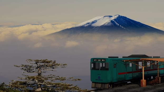3d rendering of beautiful train and station with nice mountain