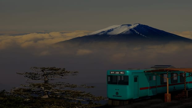 3d rendering of beautiful train and station with nice mountain