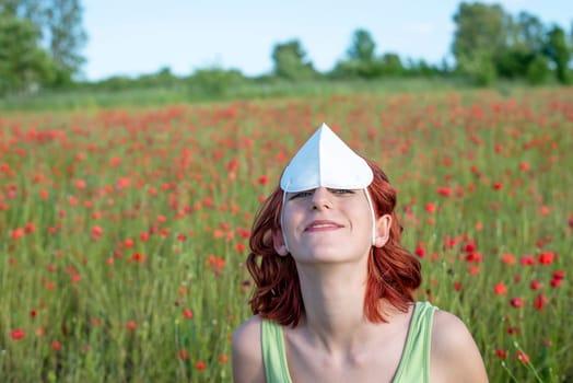 happy young girl with mask on her head